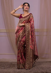 Wine Silk Jaal Printed Saree With Matching Blouse Piece