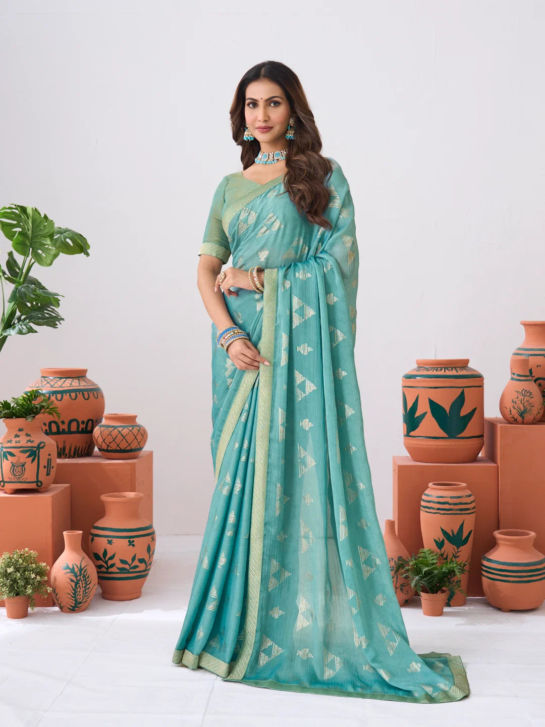Ishita Blue Geometric Printed Silk Saree