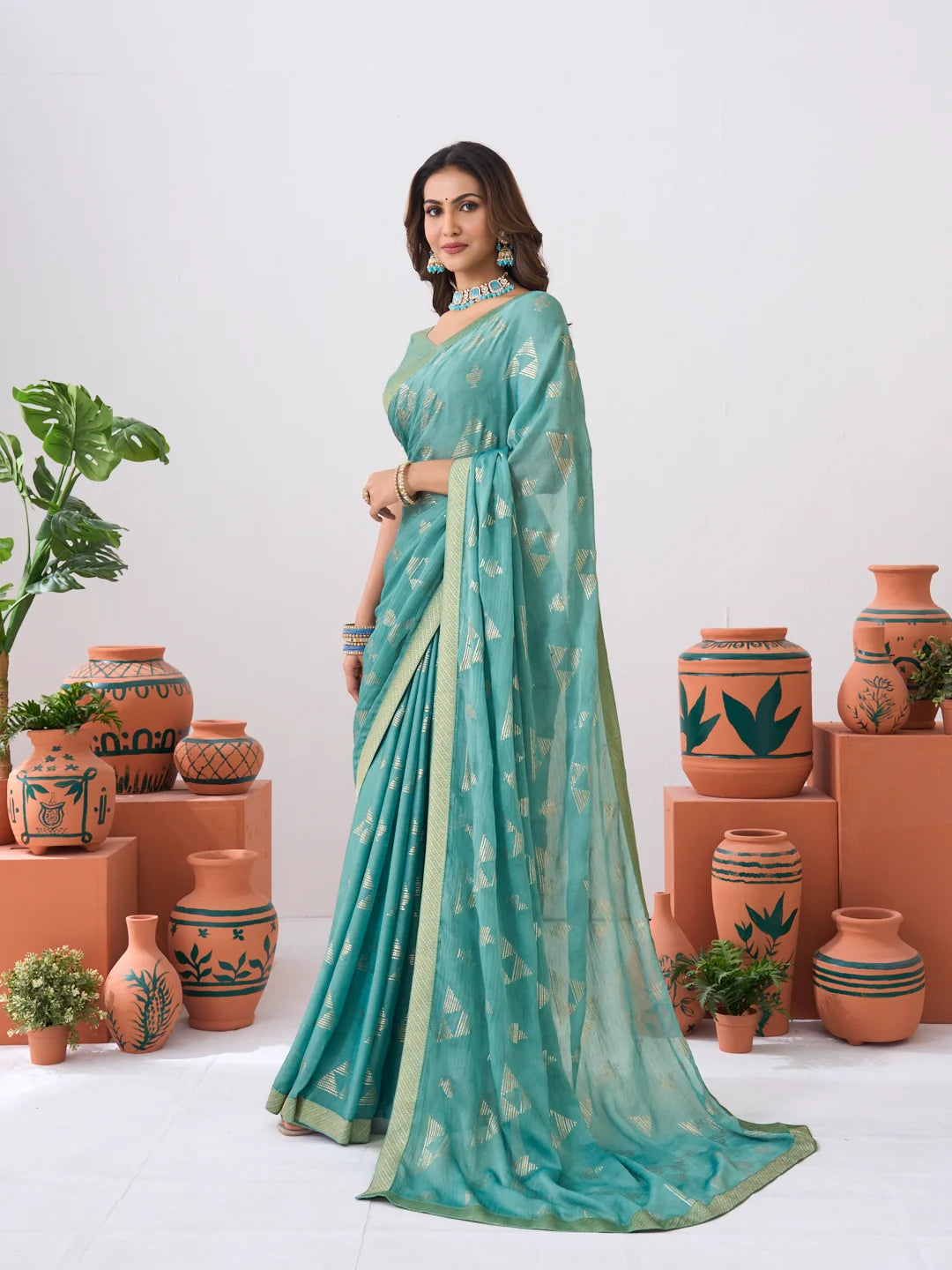 Ishita Blue Geometric Printed Silk Saree