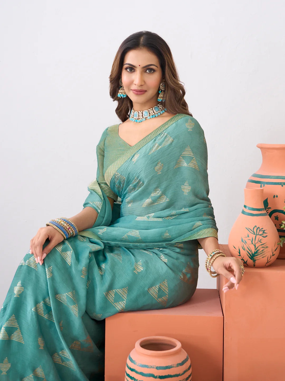 Ishita Blue Geometric Printed Silk Saree