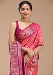Gajari Pink Silk Buti Gold Zariwork Saree With Matching Blouse Piece