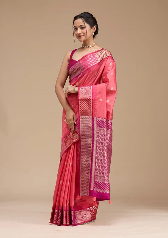 Gajari Pink Silk Buti Gold Zariwork Saree With Matching Blouse Piece