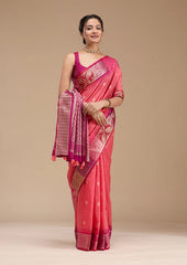 Gajari Pink Silk Buti Gold Zariwork Saree With Matching Blouse Piece