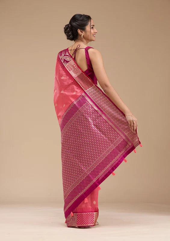 Gajari Pink Silk Buti Gold Zariwork Saree With Matching Blouse Piece