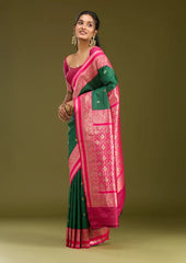 Bottle Green Silk Buti Gold Zariwork Saree With Matching Blouse Piece