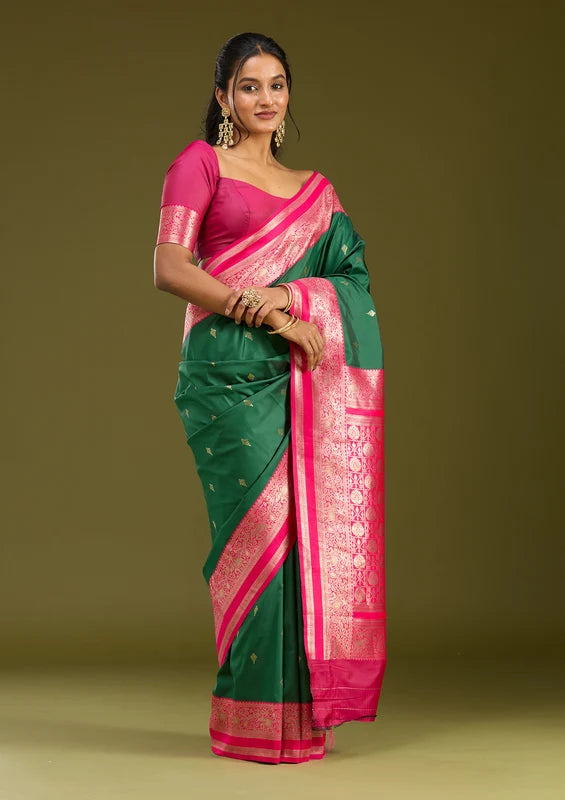 Bottle Green Silk Buti Gold Zariwork Saree With Matching Blouse Piece