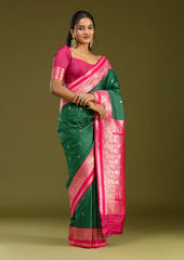 Bottle Green Silk Buti Gold Zariwork Saree With Matching Blouse Piece