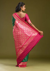 Bottle Green Silk Buti Gold Zariwork Saree With Matching Blouse Piece