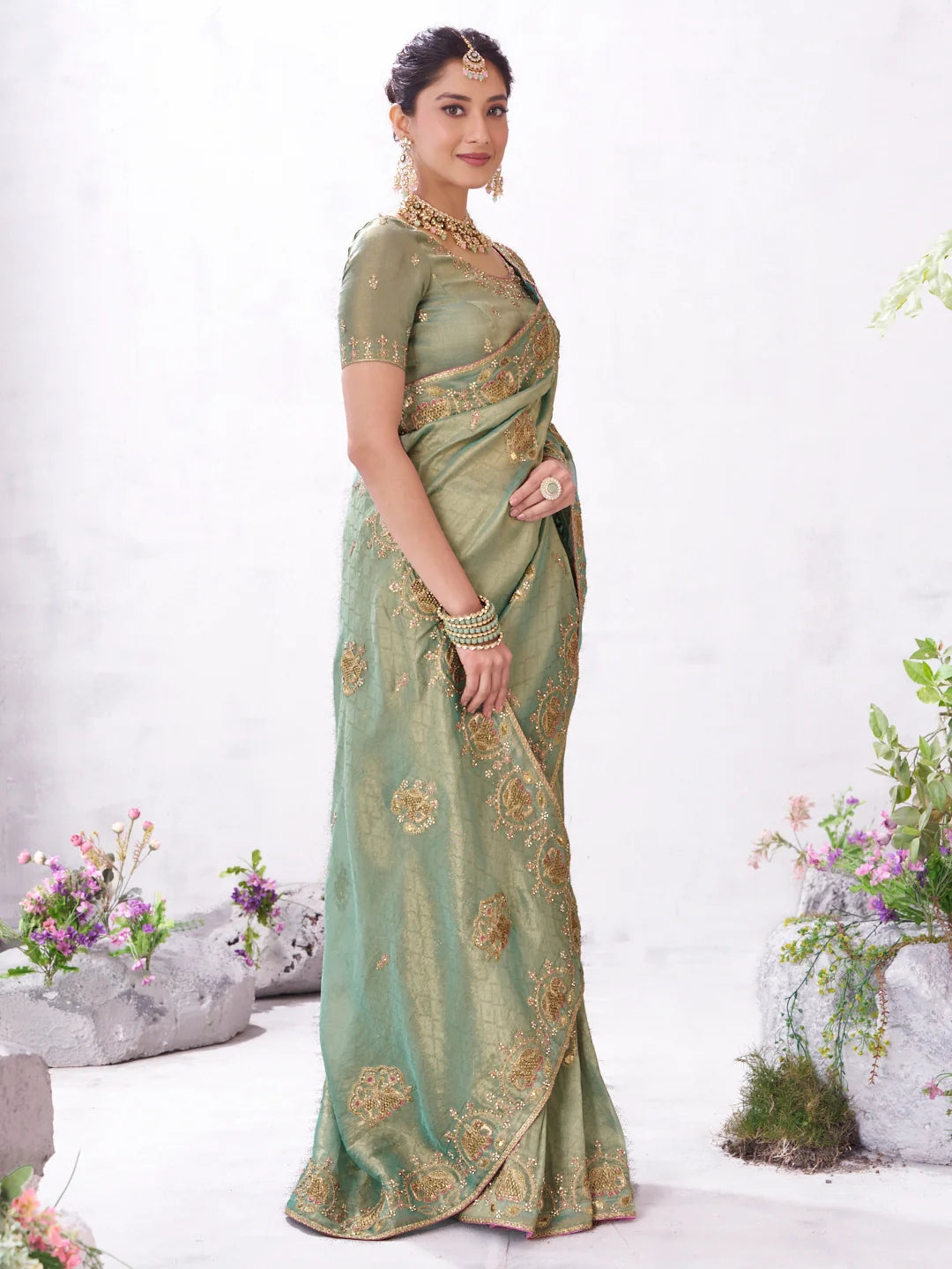 Malini Green Silk Blend Embroidered Saree