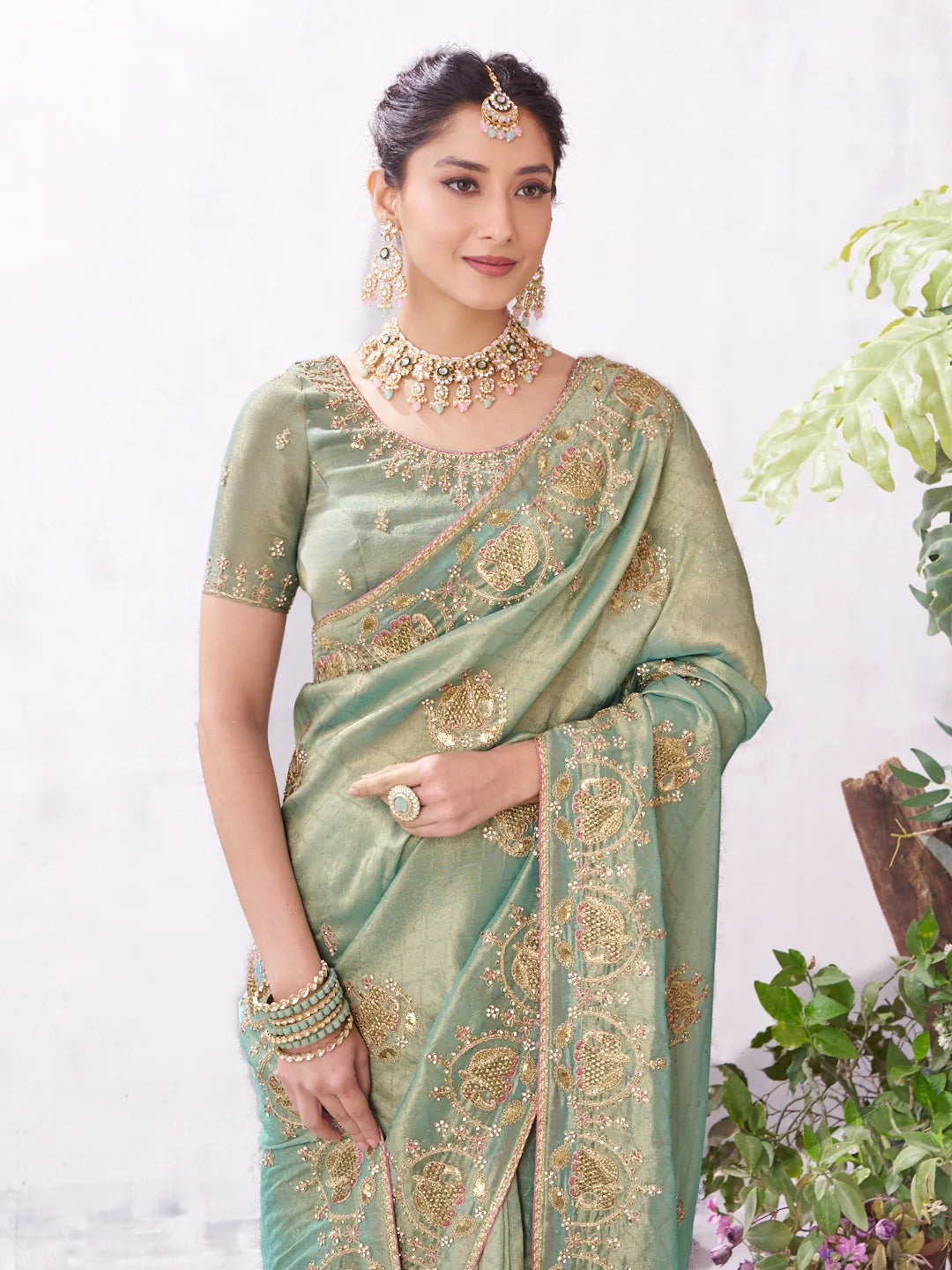 Malini Green Silk Blend Embroidered Saree
