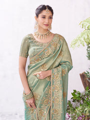 Malini Green Silk Blend Embroidered Saree