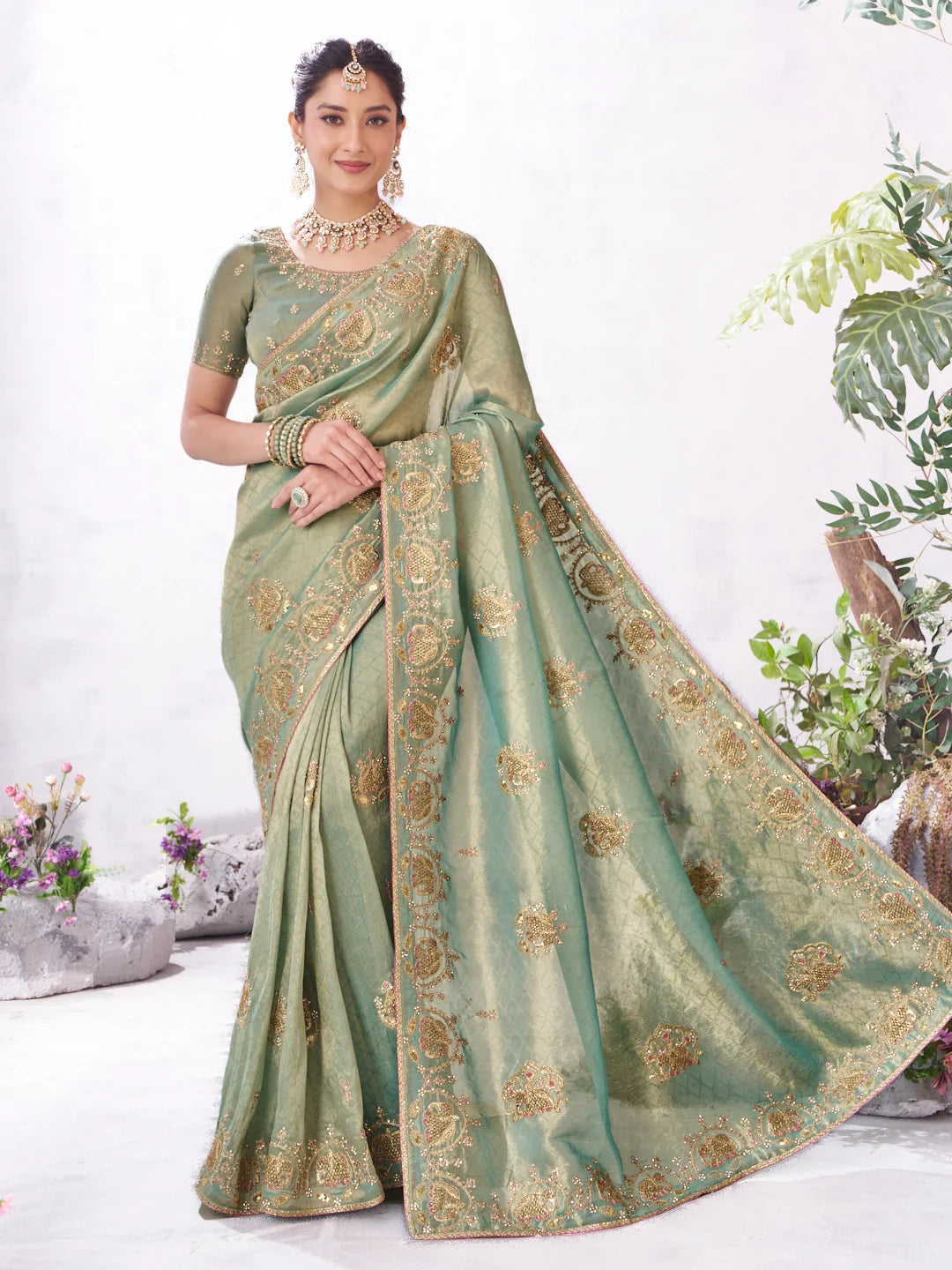 Malini Green Silk Blend Embroidered Saree