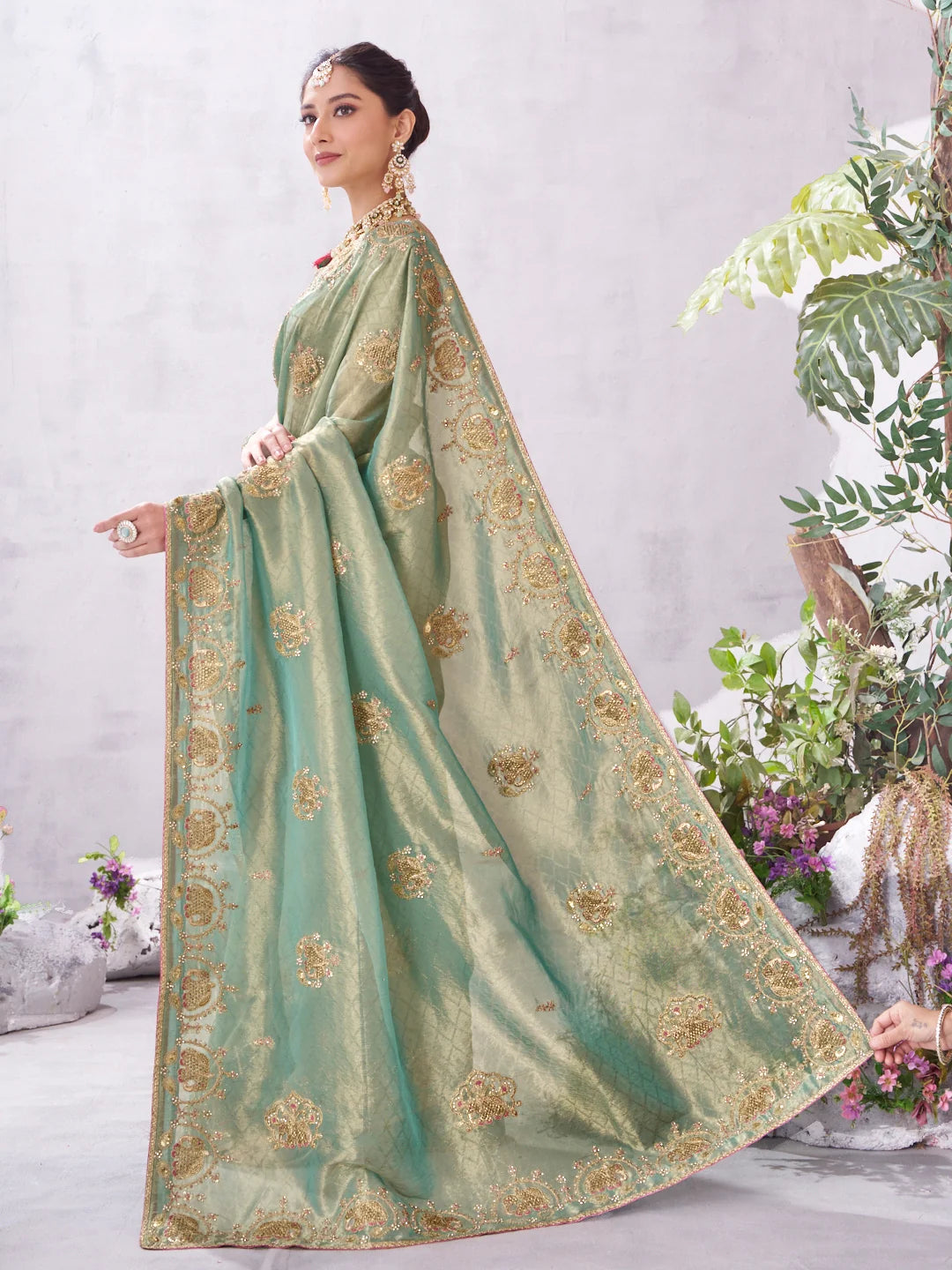 Malini Green Silk Blend Embroidered Saree