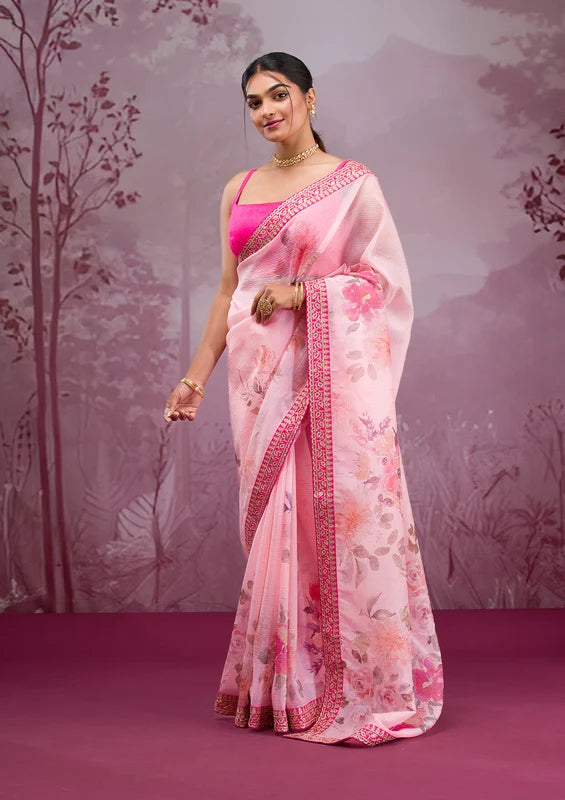 Peach Georgette Floral Printed Saree With Matching Blouse Piece