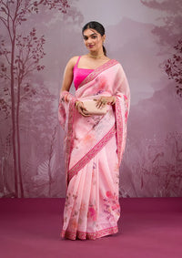 Peach Georgette Floral Printed Saree With Matching Blouse Piece
