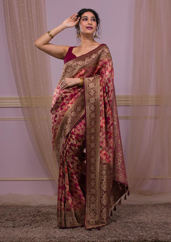 Wine Silk Jaal Printed Saree With Matching Blouse Piece
