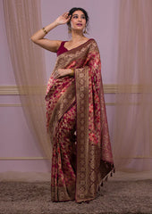 Wine Silk Jaal Printed Saree With Matching Blouse Piece