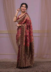 Wine Silk Jaal Printed Saree With Matching Blouse Piece